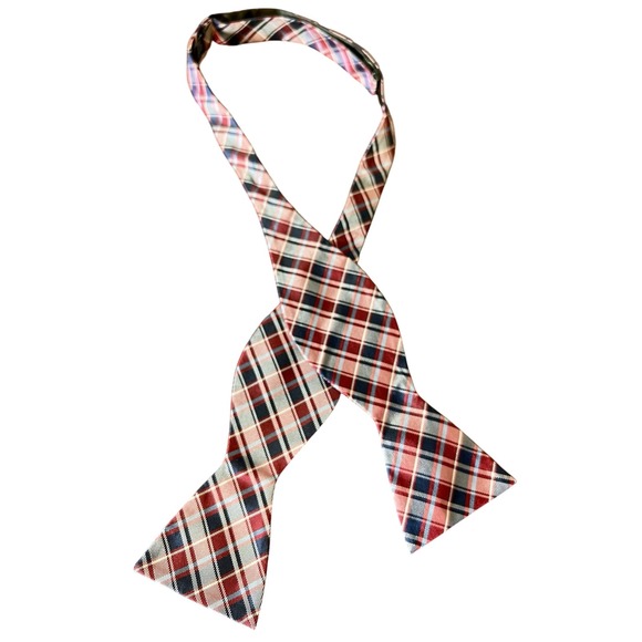 Saddlebred‎ Men's 100% Silk Bow Tie Red White Blue Plaid Adjustable - Picture 1 of 4